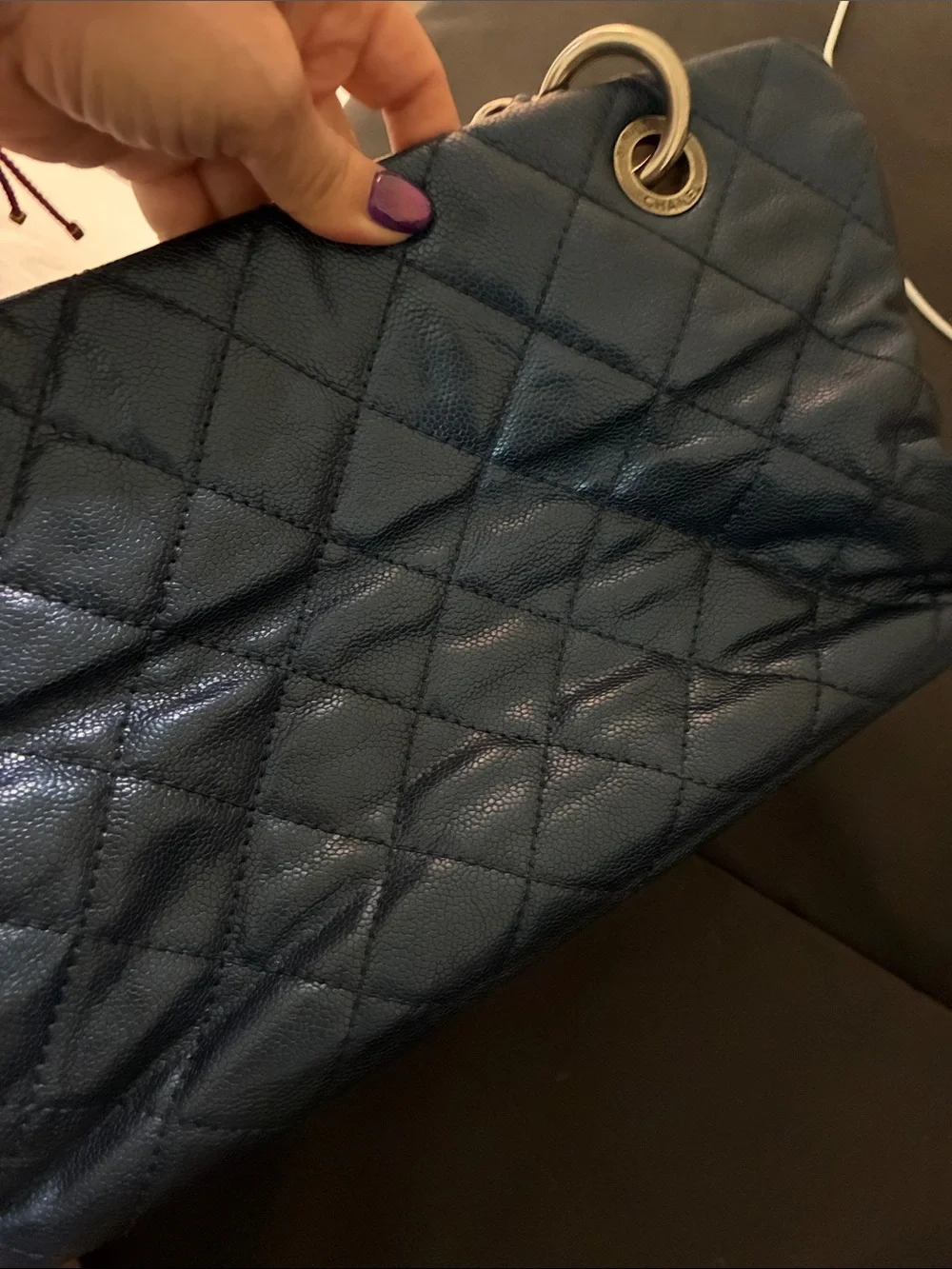 CHANEL Quilted Navy Leather Shoulder Bag with silver CC Charm
